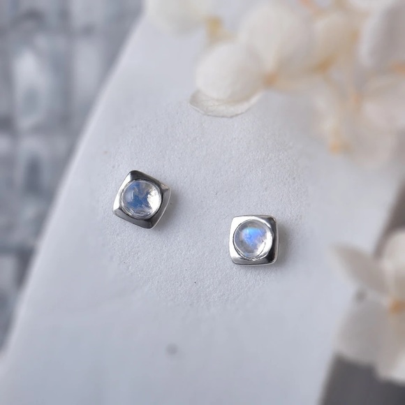 Authentic Natural Moonstone Ear Studs Sterling Silver, Natural Gemstone Earrings - Picture 3 of 5